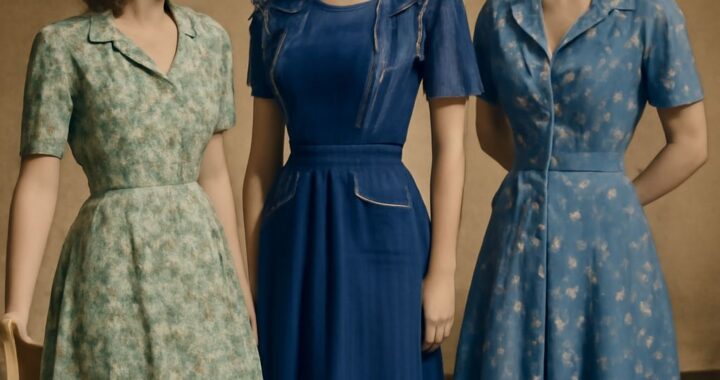 1940s-style dress with a nipped waist, strong shoulders, and softly pleated skirt