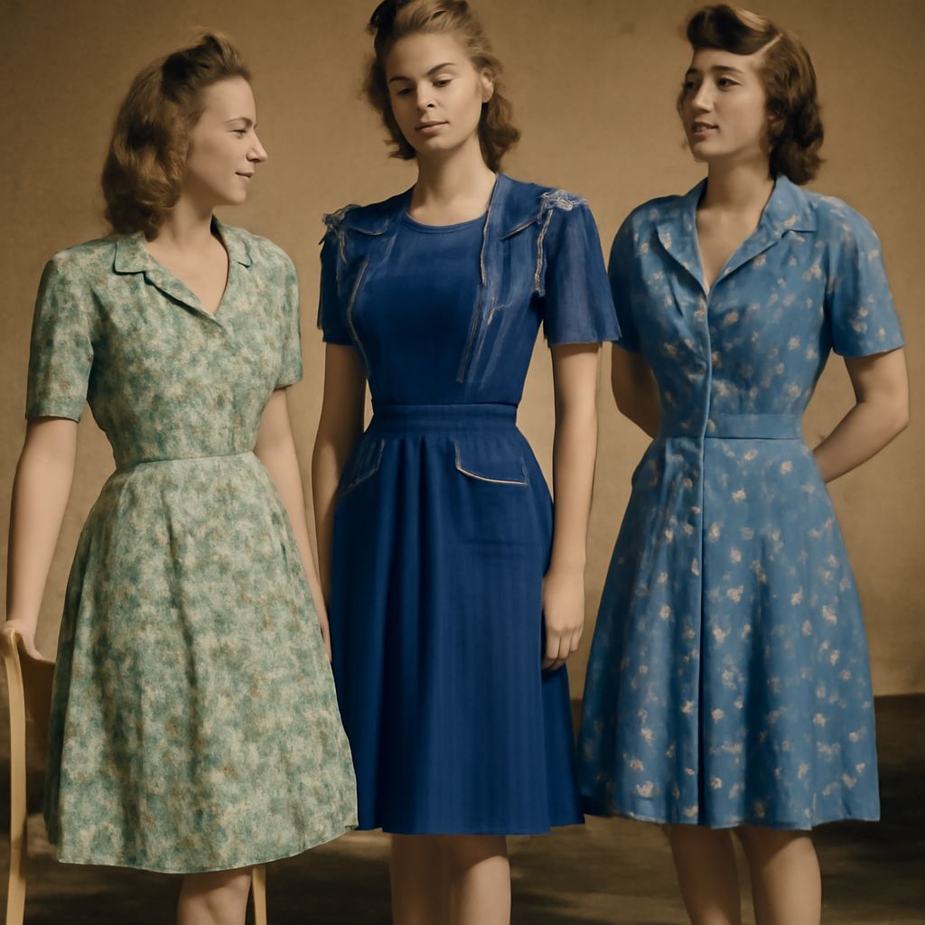 1940s-style dress with a nipped waist, strong shoulders, and softly pleated skirt