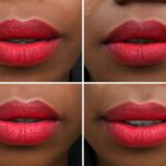Red lipstick swatches showing blue-red, brick-red, cream, and matte finishes