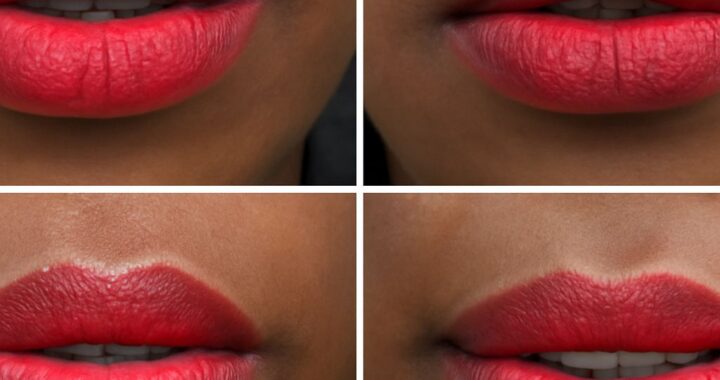 Red lipstick swatches showing blue-red, brick-red, cream, and matte finishes