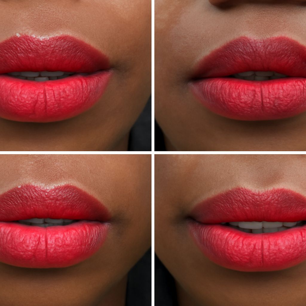 Red lipstick swatches showing blue-red, brick-red, cream, and matte finishes