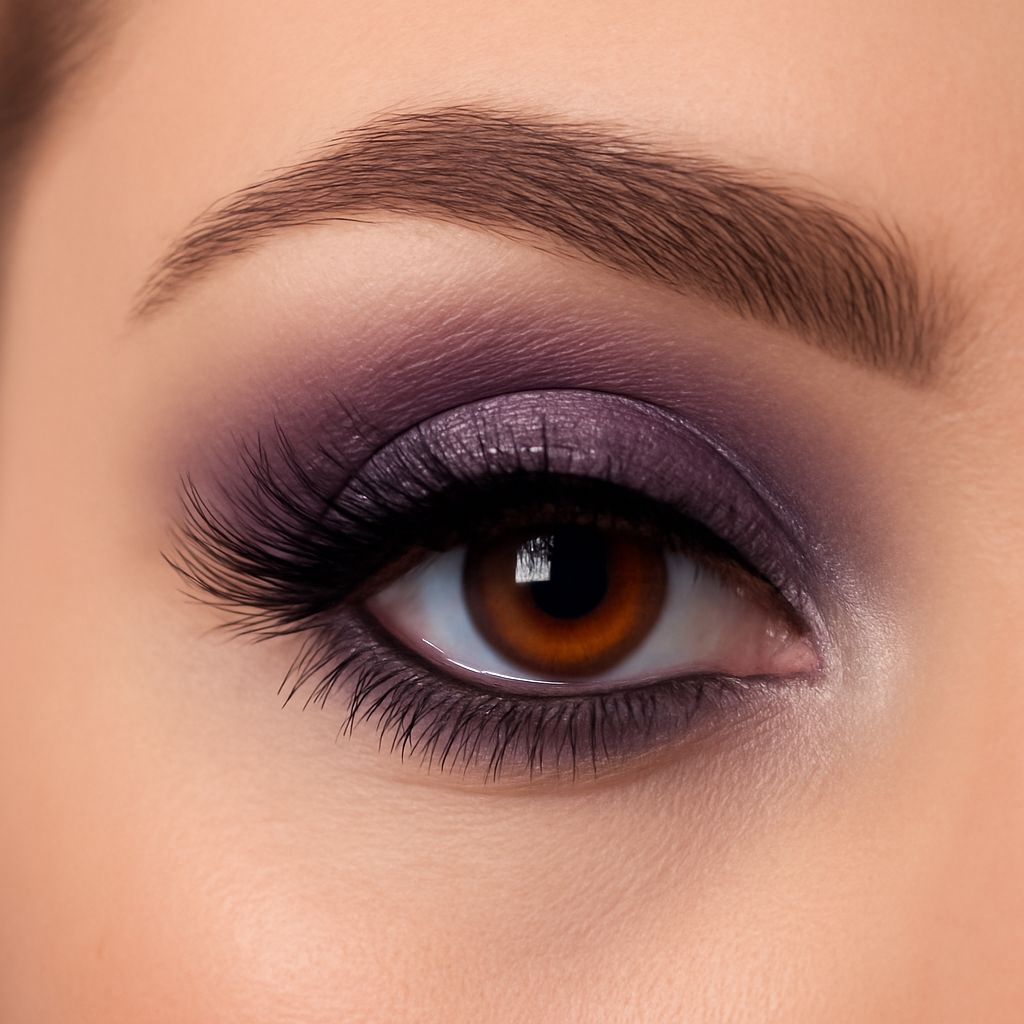 Eye makeup palettes showing plum, bronze, copper, and soft liner for brown and blue eyes.