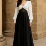 Affordable formal gown with fitted long sleeves and fluid skirt drape
