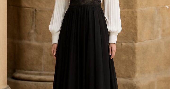 Affordable formal gown with fitted long sleeves and fluid skirt drape