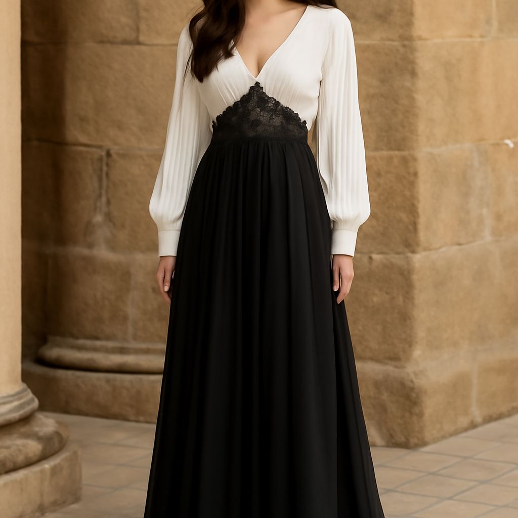 Affordable formal gown with fitted long sleeves and fluid skirt drape