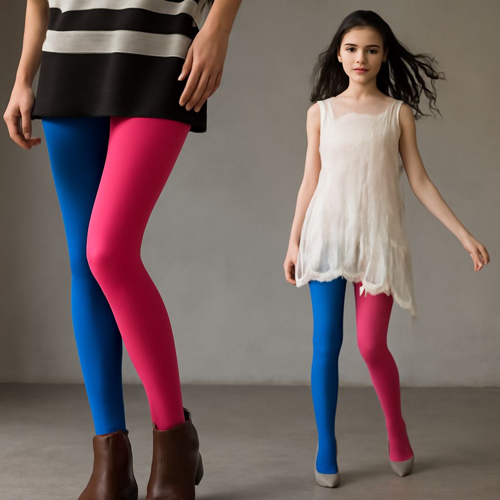 Colorful tights styled with a short skirt and ankle boots