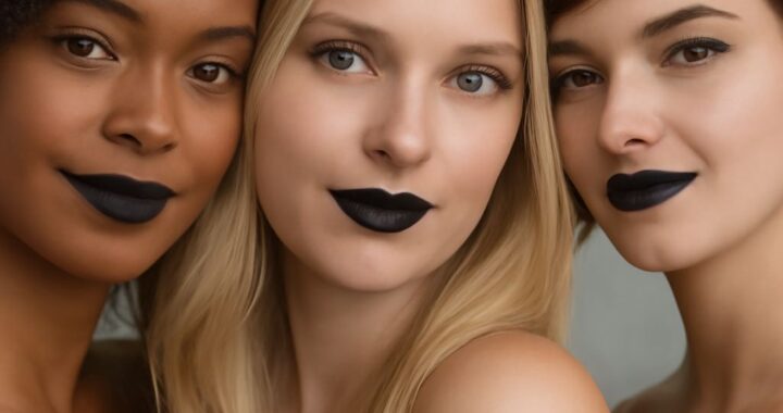 Swatches of a fair-skin lipstick collection with a deliberate black lip
