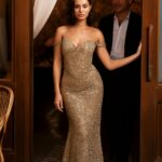 Long glitter dress with a column silhouette and sequin surface