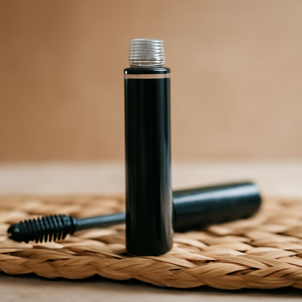 Organic-positioned and no-clump mascara brushes beside separated lash swatches