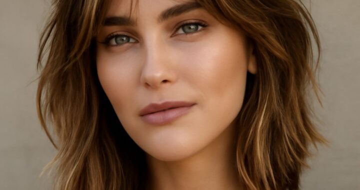 Soft layered cut with a side part and face-framing pieces for an oval face