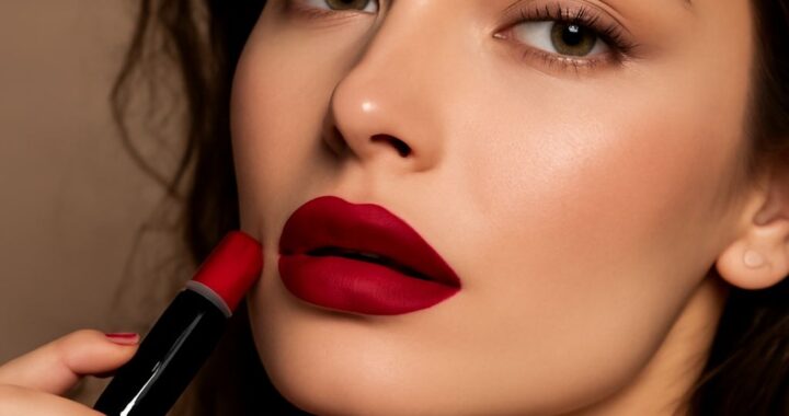 Ruby red lipstick swatches ranging from warm to blue-based reds on fair skin