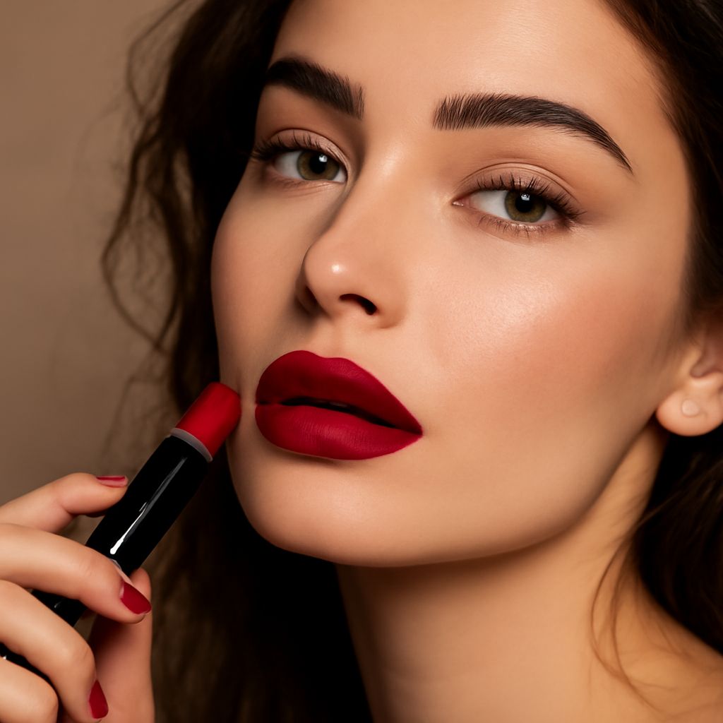 Ruby red lipstick swatches ranging from warm to blue-based reds on fair skin