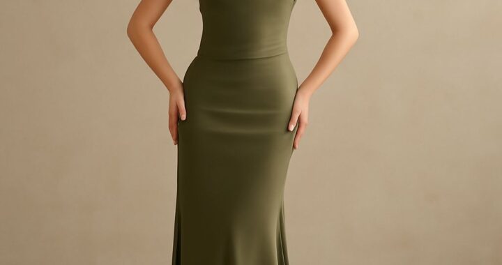 Silver, royal blue, and olive green formal dresses styled for an evening event