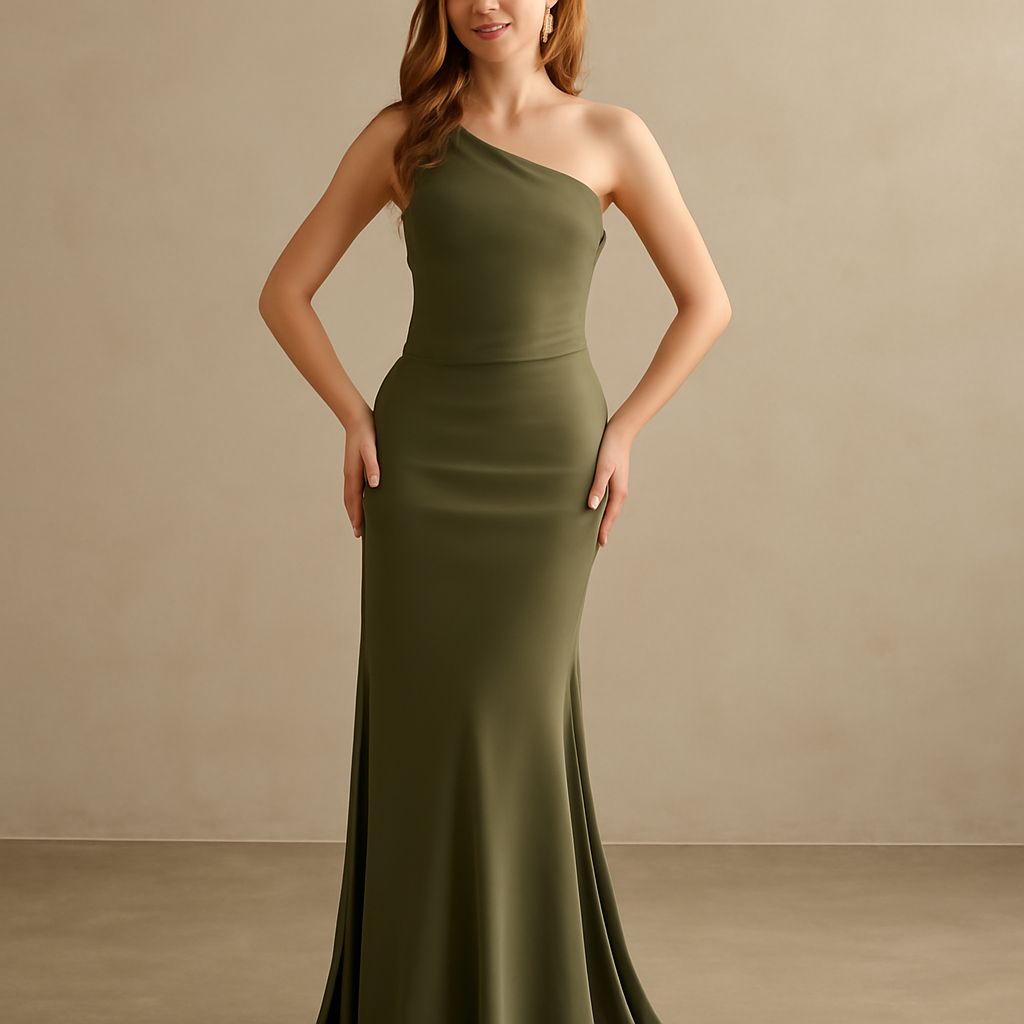 Silver, royal blue, and olive green formal dresses styled for an evening event