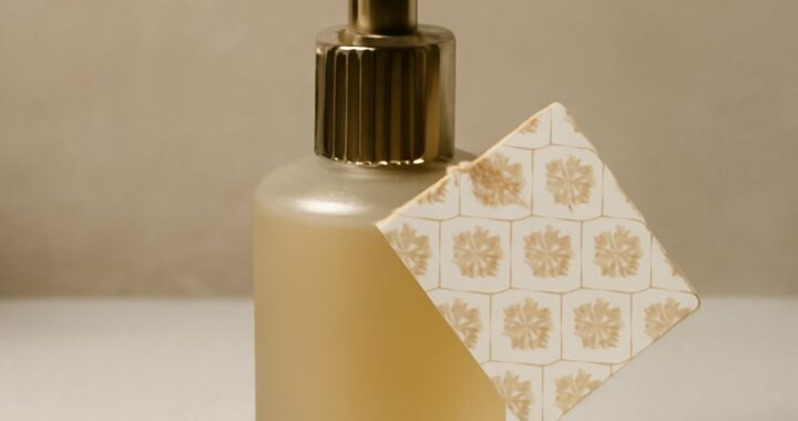 Sweet amber perfume oil beside an alcohol-based fragrance spray