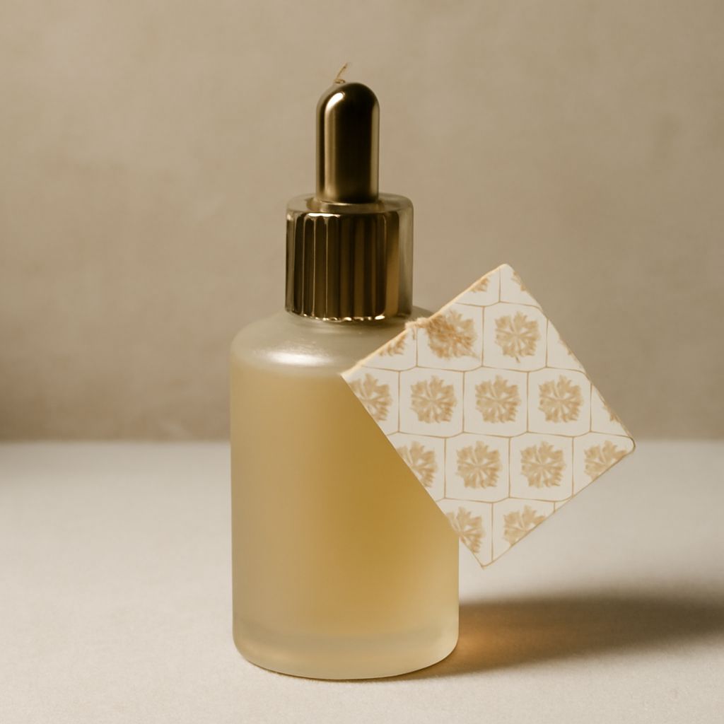 Sweet amber perfume oil beside an alcohol-based fragrance spray